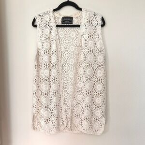 Crochet Vest Cream Floral Knit Open Front Boho Ramie Cotton Free Size Grannycore